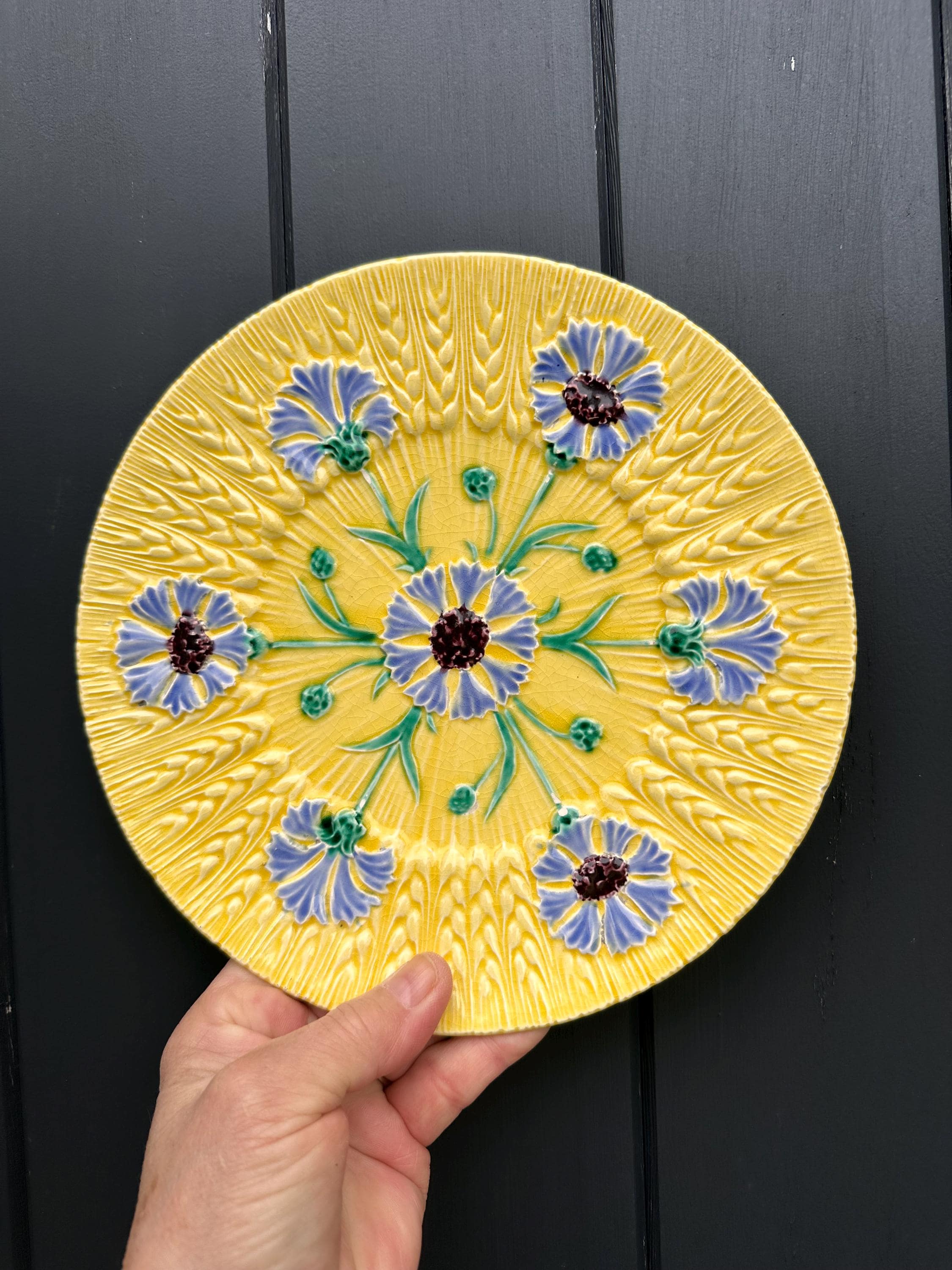 Antique yellow majolica plate – Wheat and cornflower motif