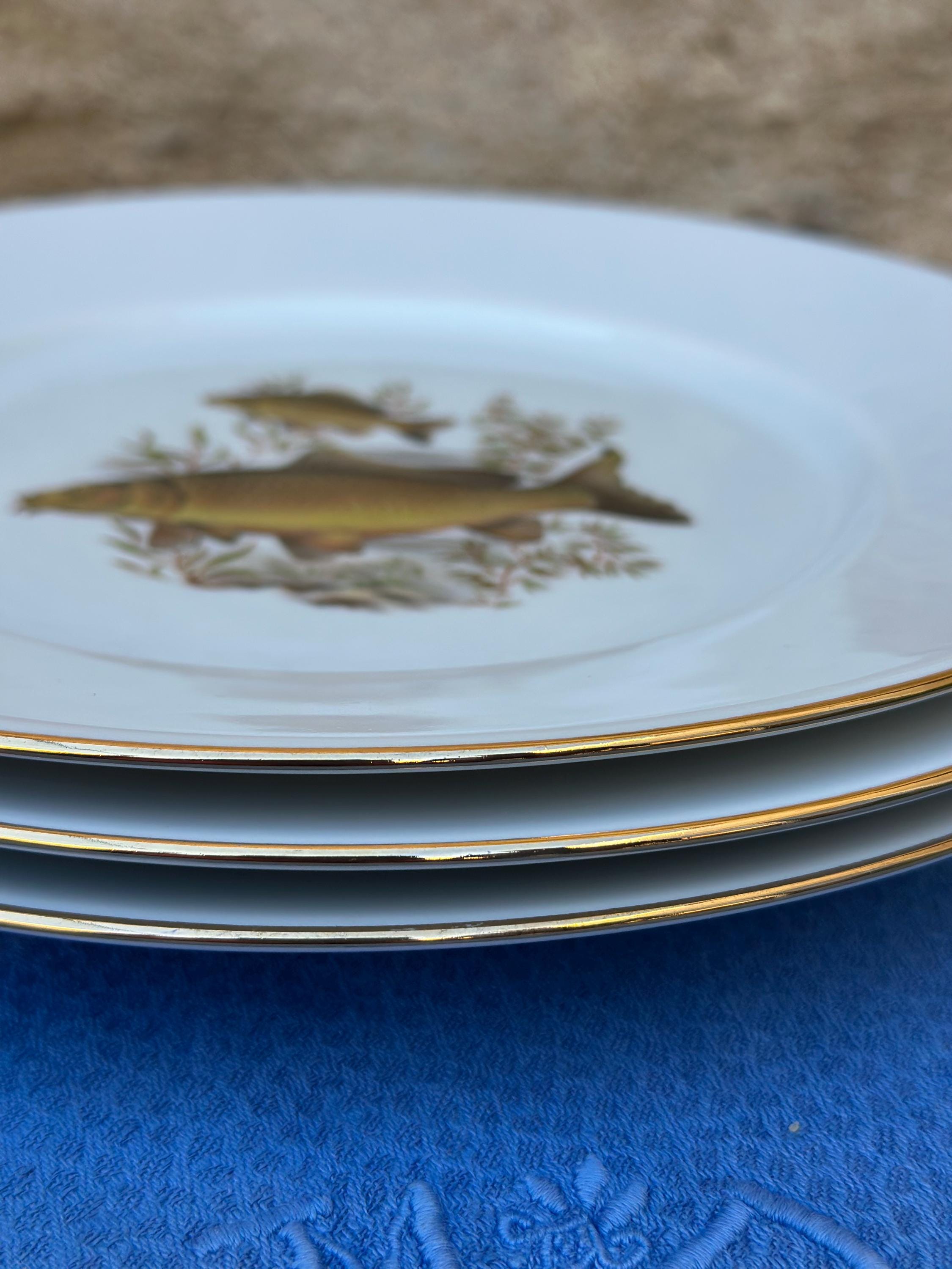 3 assiettes à poisson anciennes en porcelaine de Limoges
